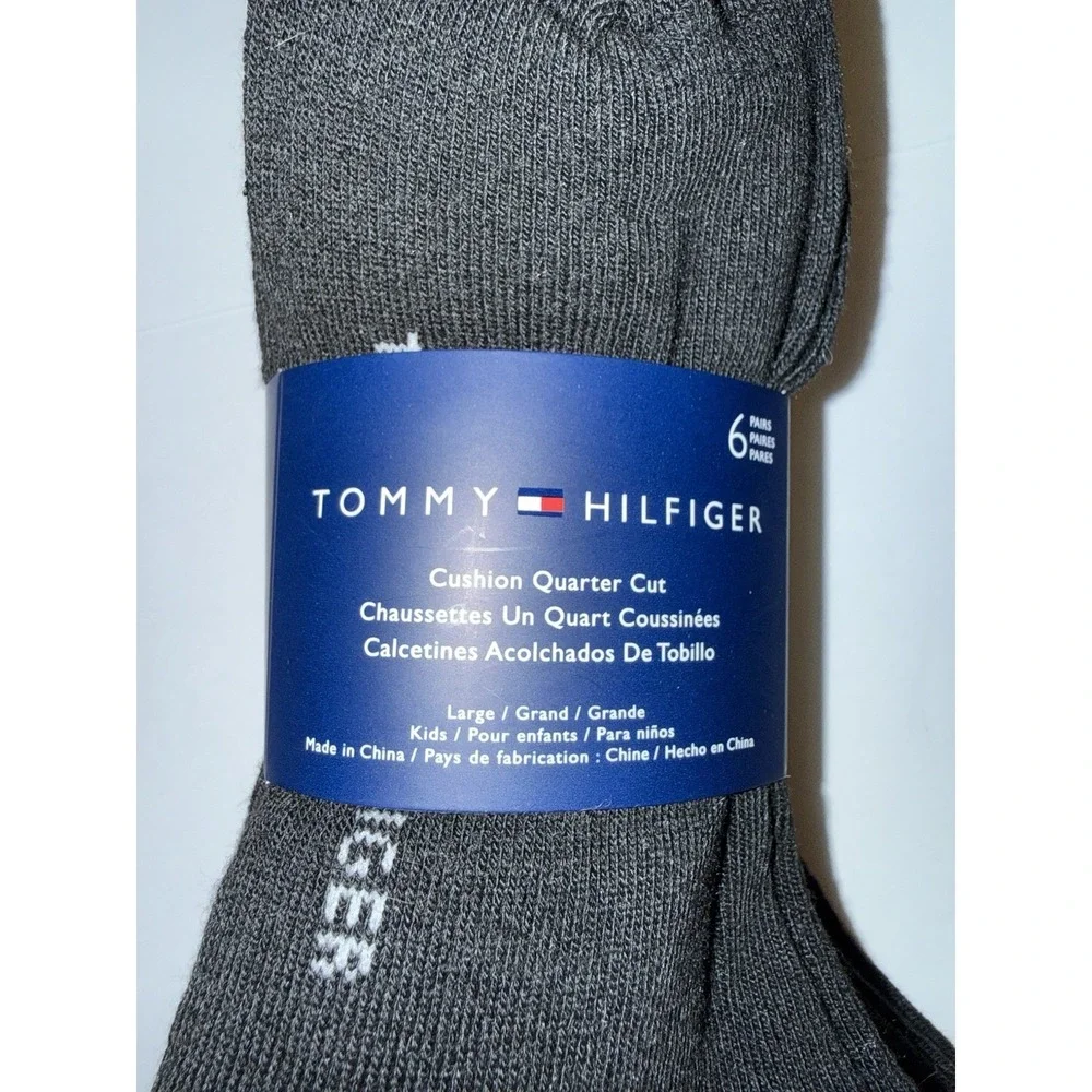 Tommy Hilfiger Boys 6 Pack Quarter Socks Black Large Cushioned Logo Kids NWT